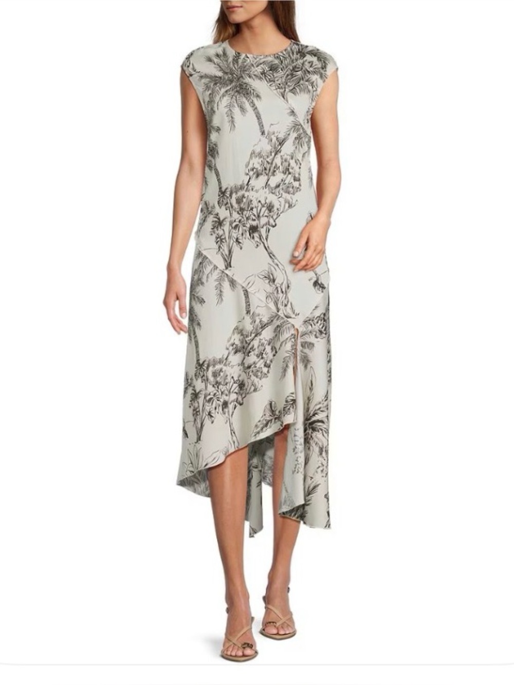 Sleeveless Tropical Print Shift Dress - Cream & Black